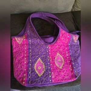 Embroidered Purple and Pink Tote Bag